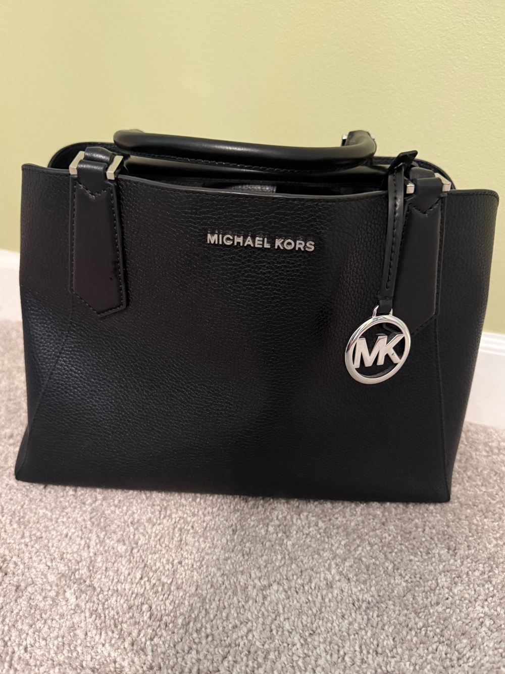 Michael Kors Black Pebbled Leather Top-Handle Satchel with MK Charm